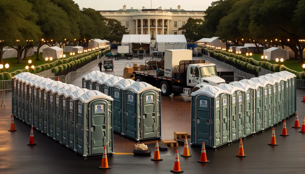Festival porta potty bank with barricades in Topeka, Kansas